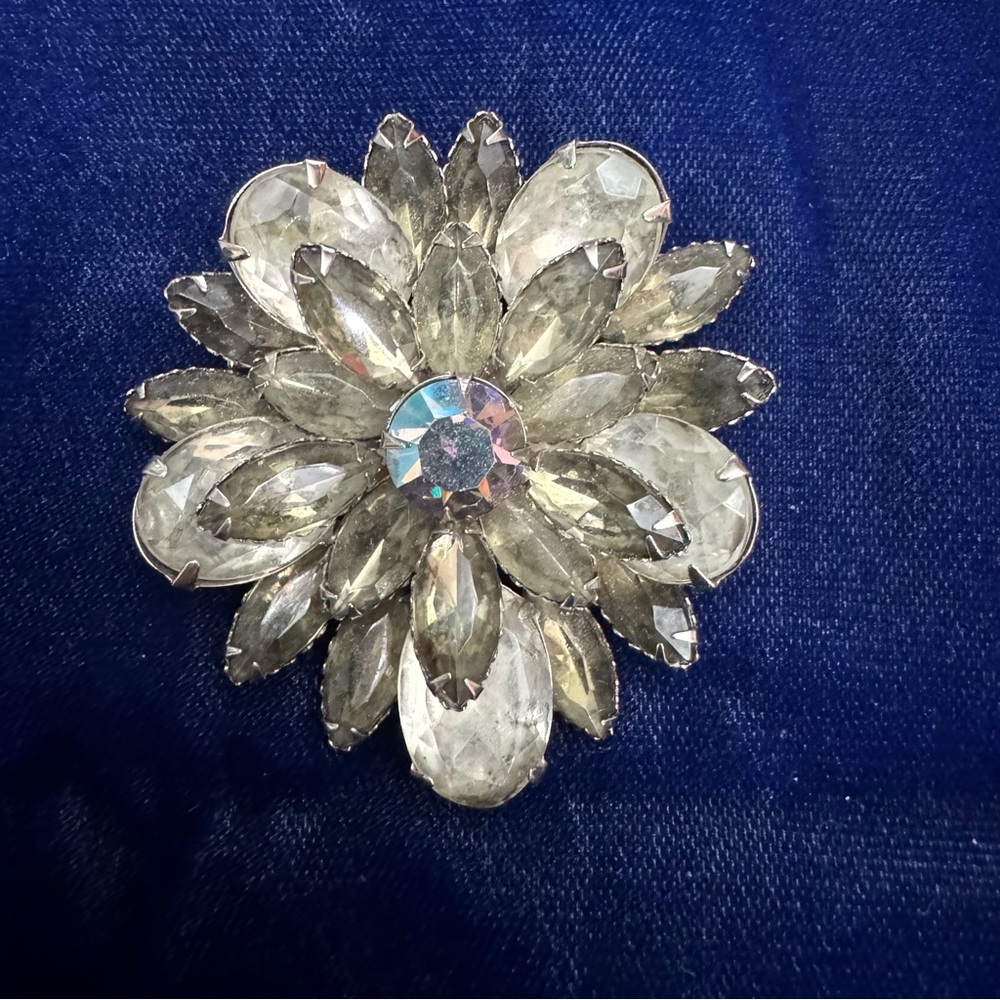 Vintage Large Cluster Clear AB Crystal Rhinestone Brooch Flower Silver Setting